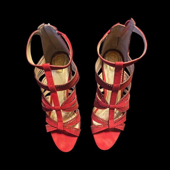 Vince Camuto Red Rose Strappy Suede Block Heels - Picture 2 of 9